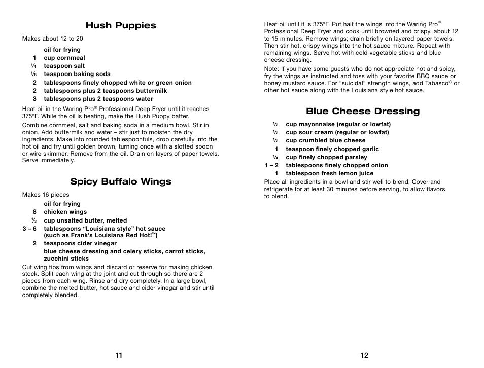 Hush puppies, Spicy buffalo wings, Blue cheese dressing | Waring Pro DF55 User Manual | Page 7 / 11