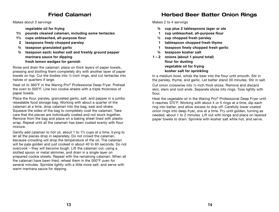 Fried calamari, Herbed beer batter onion rings | Waring Pro DF55 User Manual | Page 8 / 11