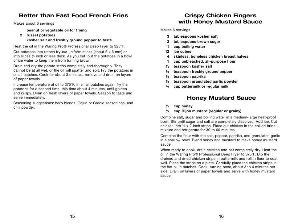 Better than fast food french fries, Crispy chicken fingers with honey mustard sauce, Honey mustard sauce | Waring Pro DF55 User Manual | Page 9 / 11
