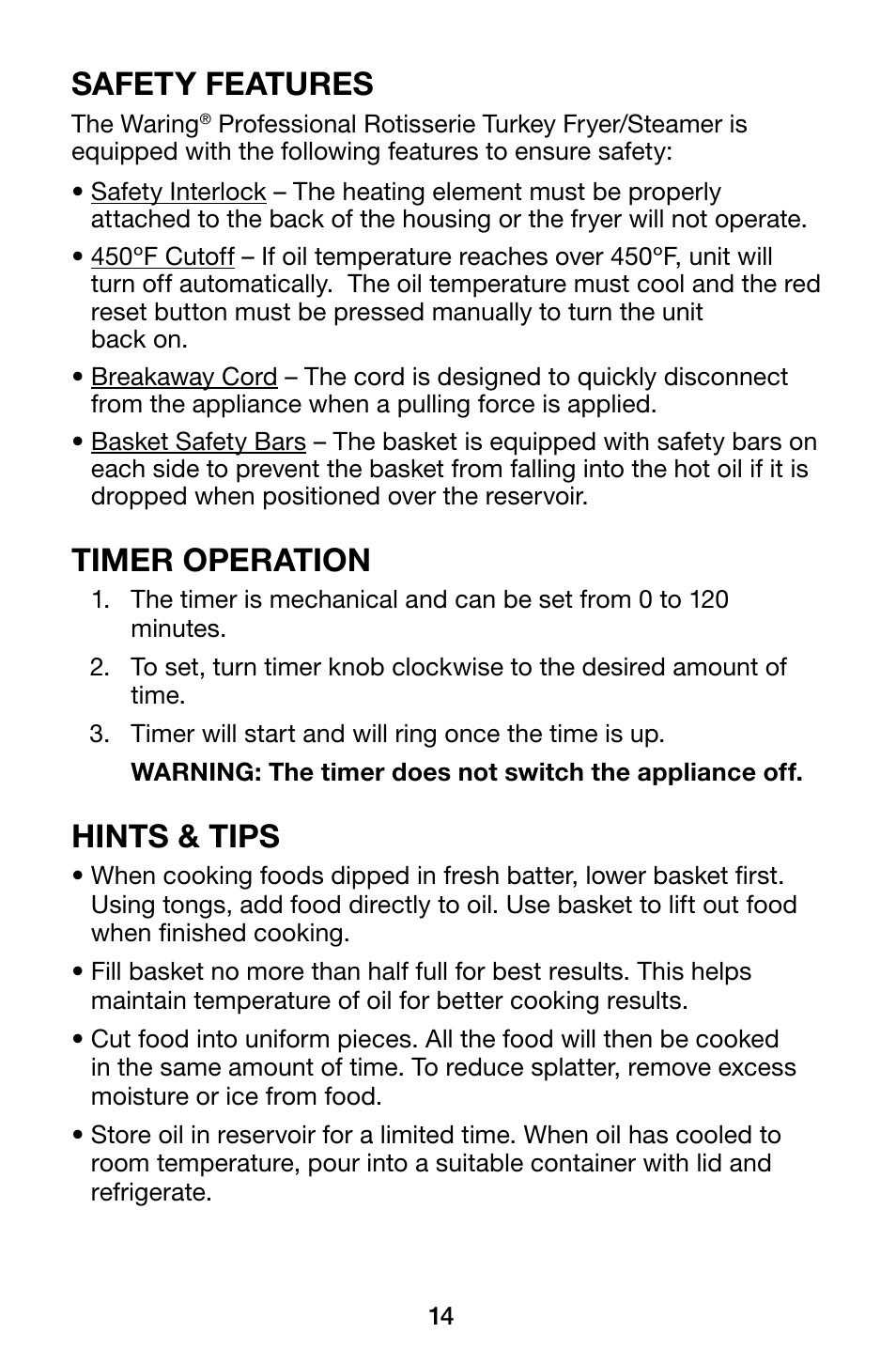Safety features, Timer operation, Hints & tips | Waring Pro TF200B User Manual | Page 14 / 28