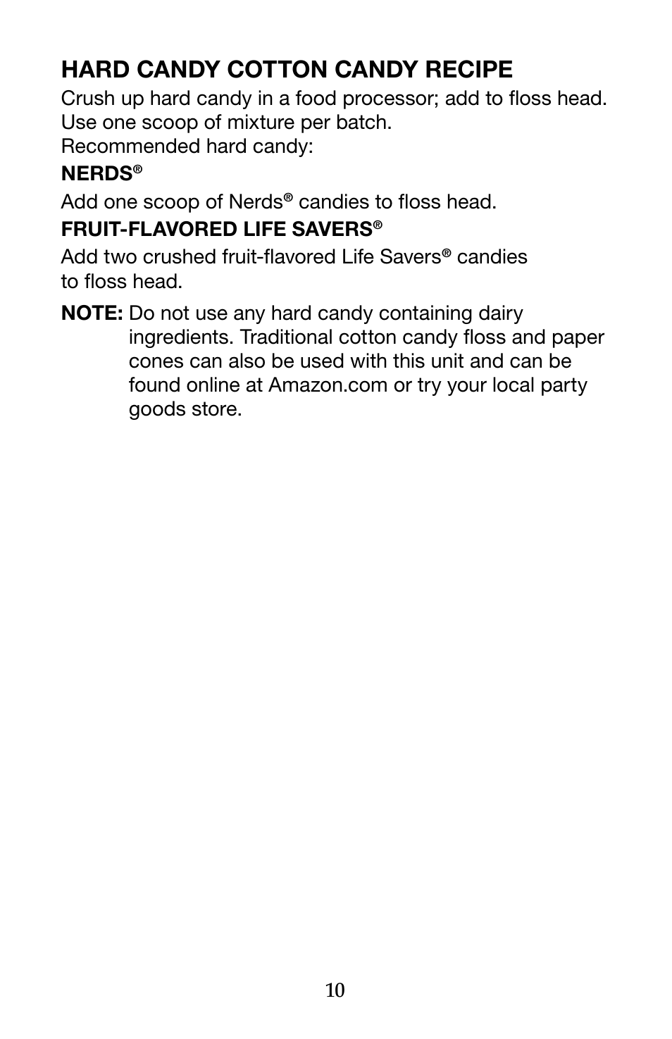 Hard candy cotton candy recipe | Waring Pro CC150 User Manual | Page 10 / 12