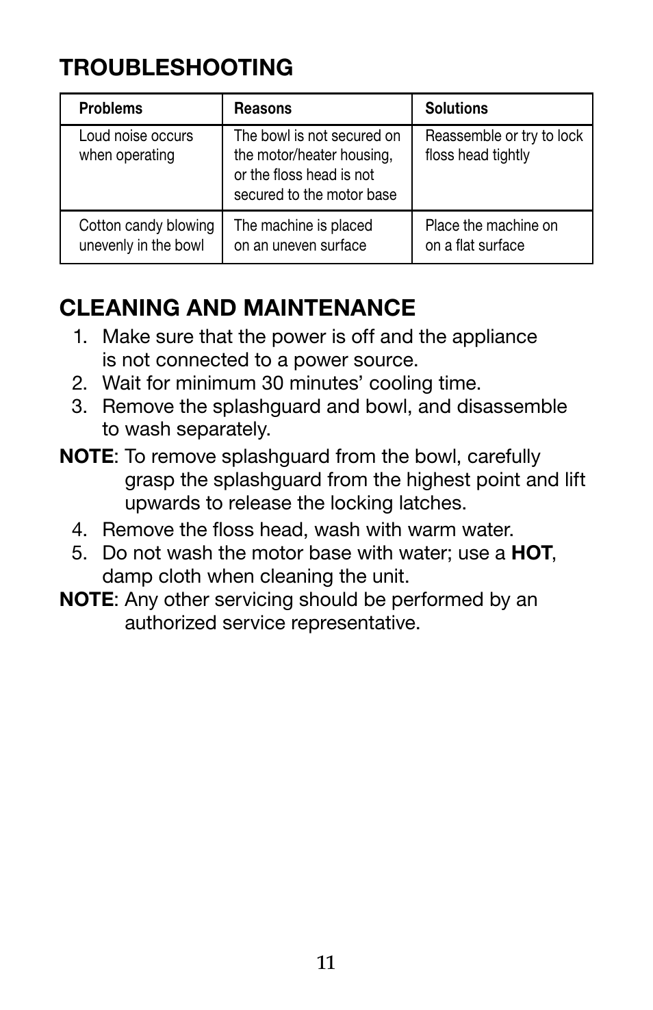 Troubleshooting, Cleaning and maintenance | Waring Pro CC150 User Manual | Page 11 / 12