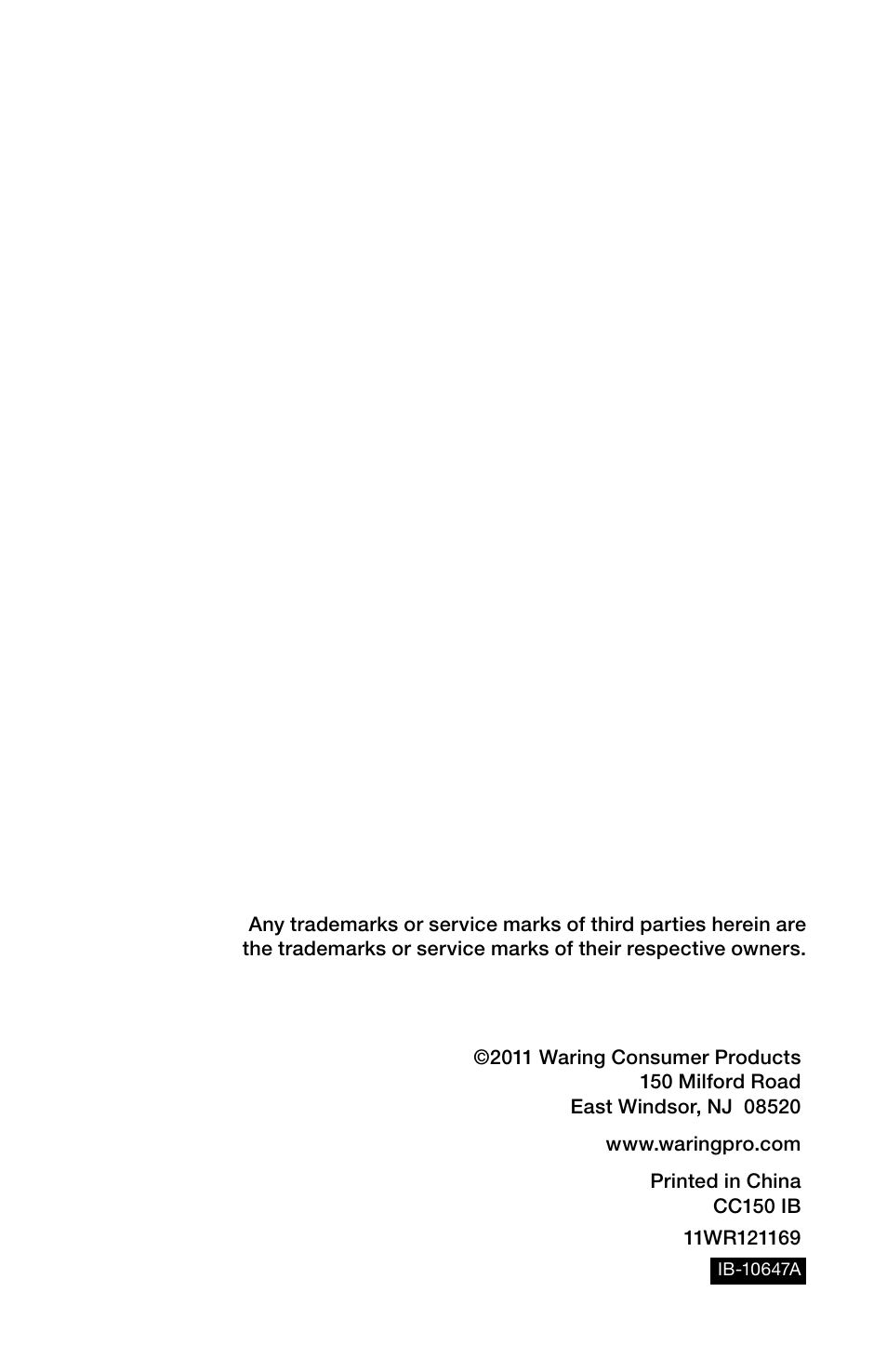 Waring Pro CC150 User Manual | Page 12 / 12