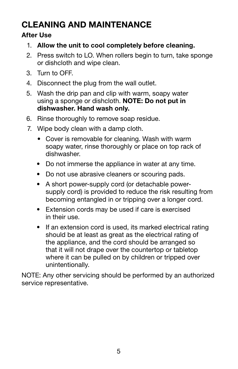 Cleaning and maintenance | Waring Pro HDG150 User Manual | Page 6 / 8