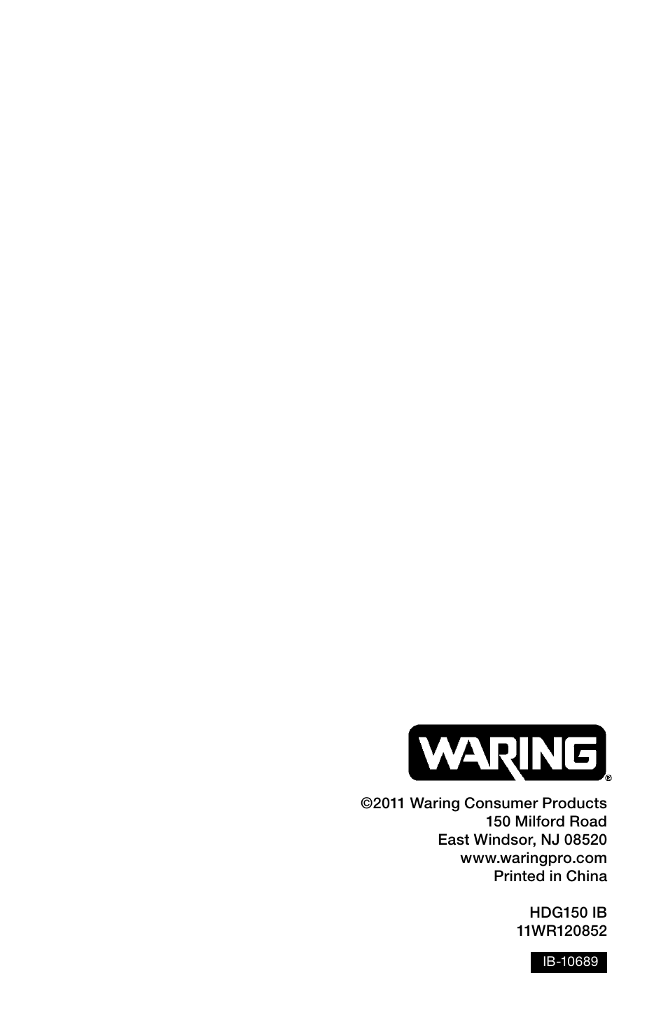 Waring Pro HDG150 User Manual | Page 8 / 8