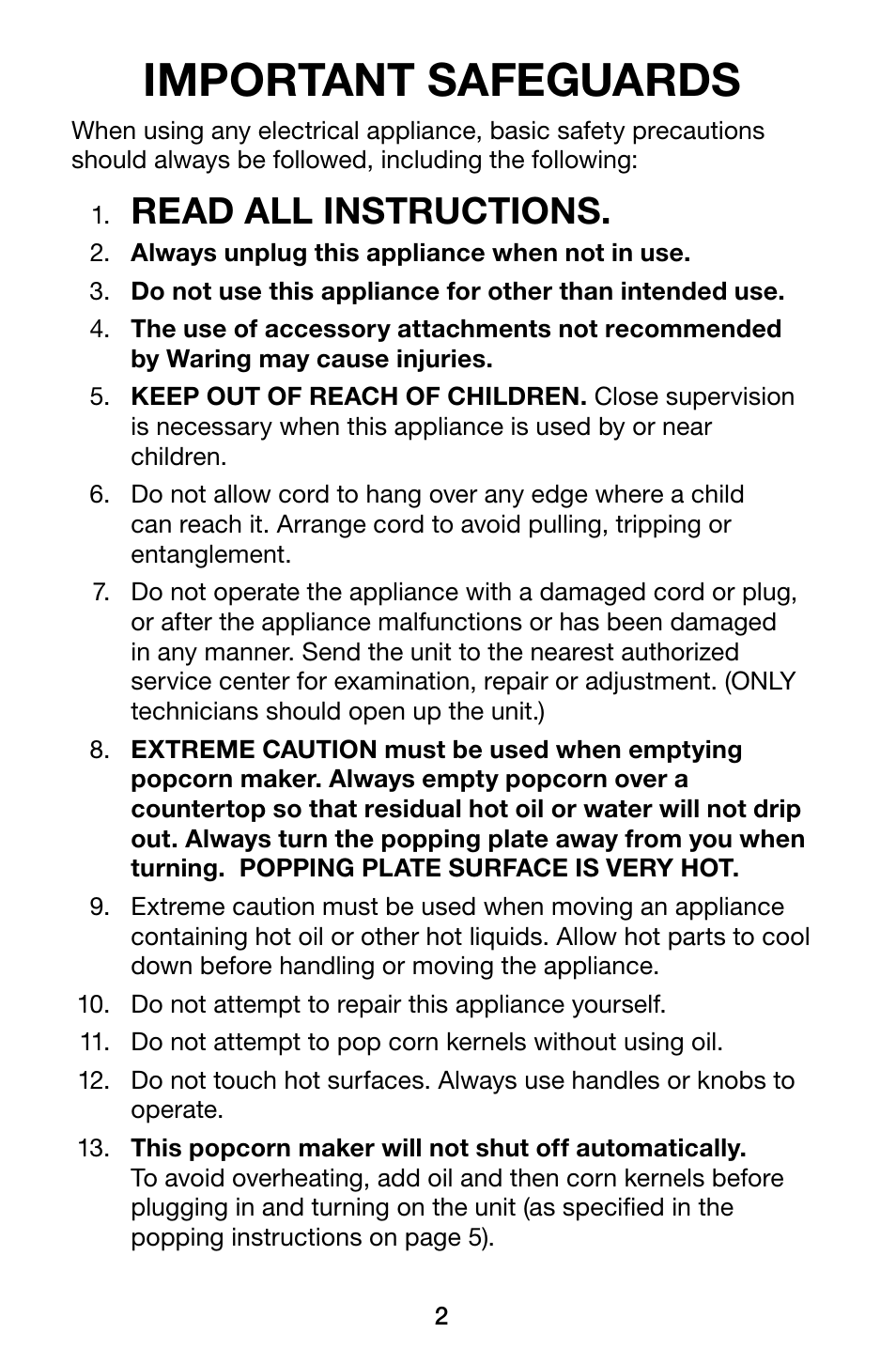 Important safeguards, Read all instructions | Waring Pro WPM10 User Manual | Page 2 / 8