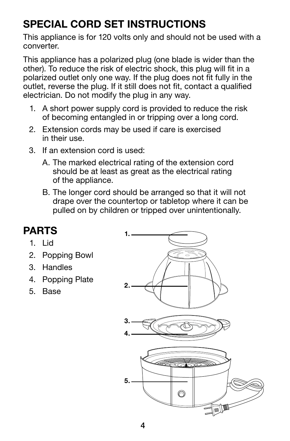 Special cord set instructions, Parts | Waring Pro WPM10 User Manual | Page 4 / 8