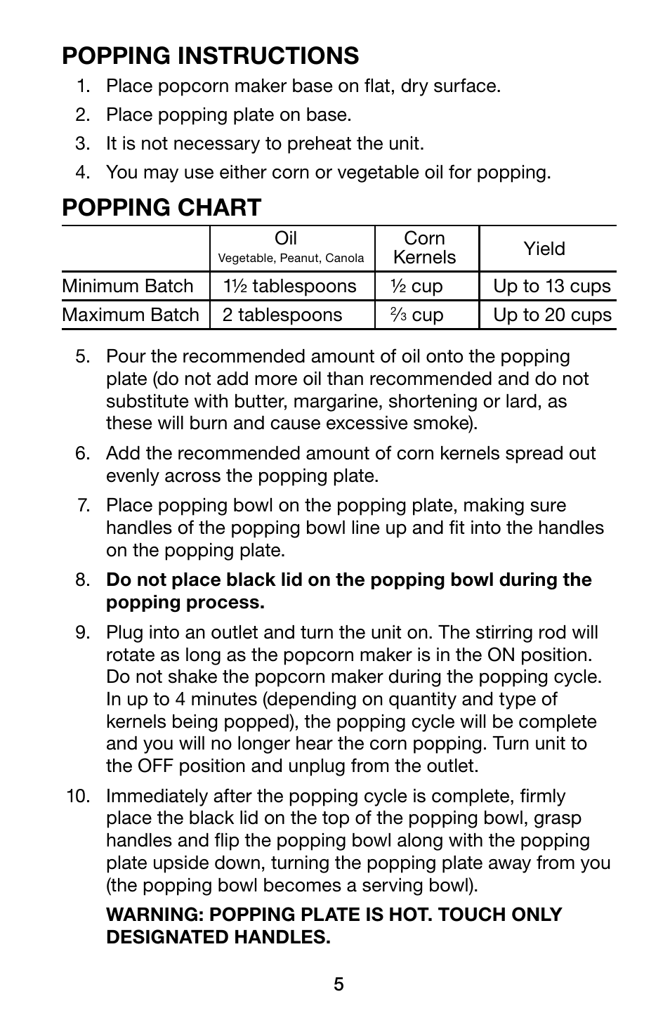 Popping instructions, Popping chart | Waring Pro WPM10 User Manual | Page 5 / 8