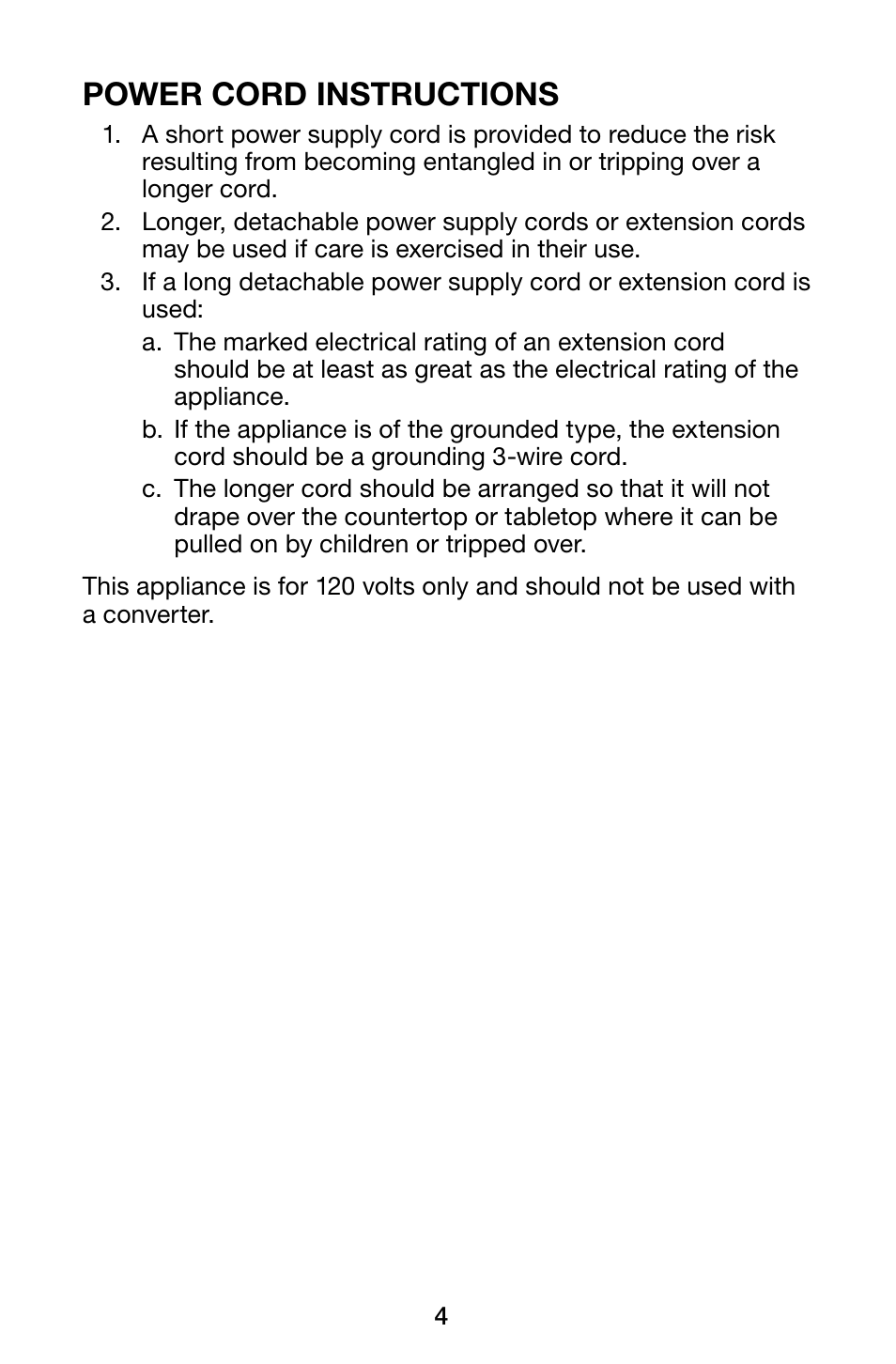 Power cord instructions | Waring Pro WPM28 User Manual | Page 4 / 12
