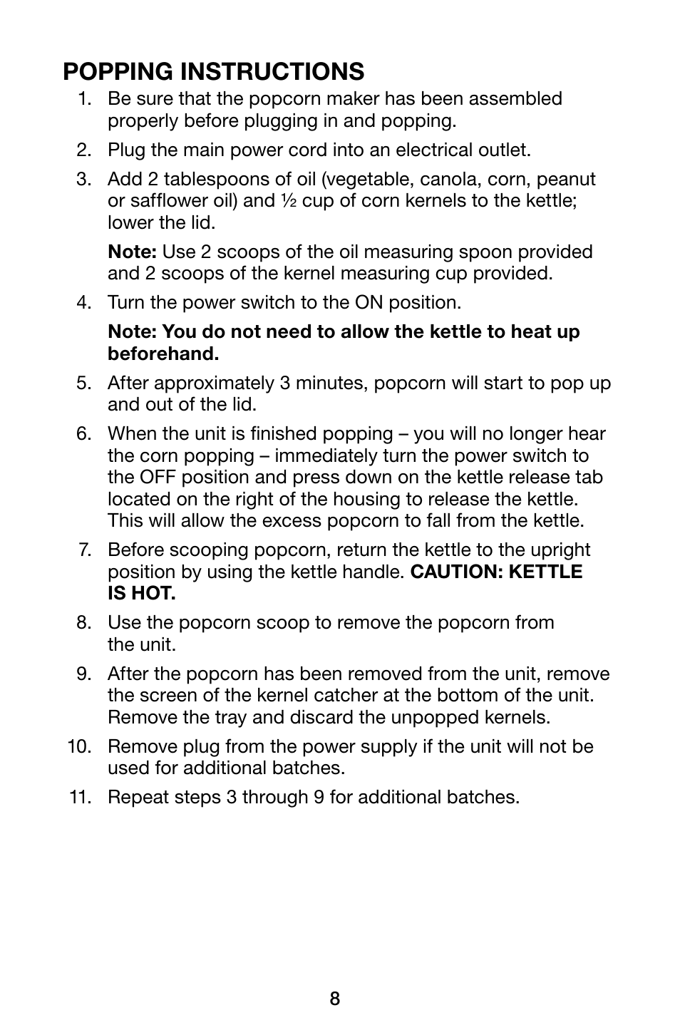Popping instructions | Waring Pro WPM28 User Manual | Page 8 / 12