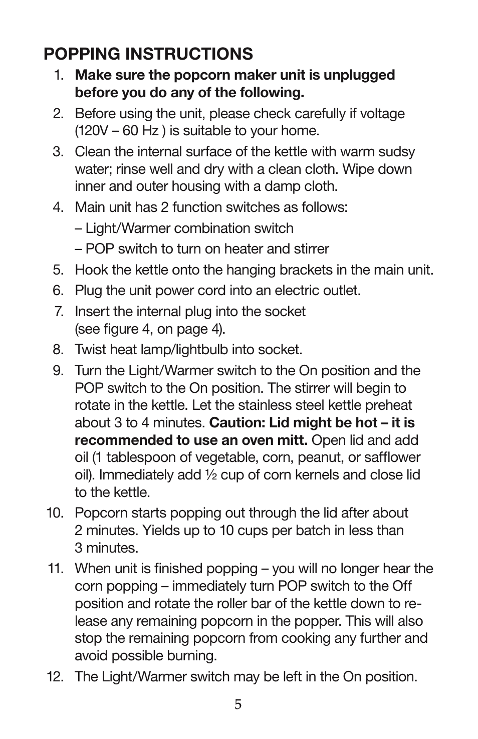 Popping instructions | Waring Pro WPM30 User Manual | Page 6 / 8