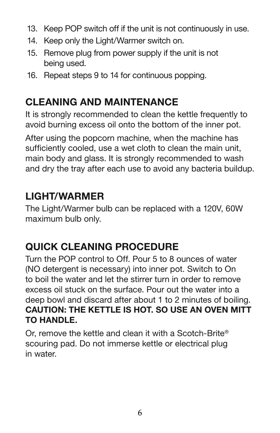 Cleaning and maintenance, Light/warmer, Quick cleaning procedure | Waring Pro WPM30 User Manual | Page 7 / 8