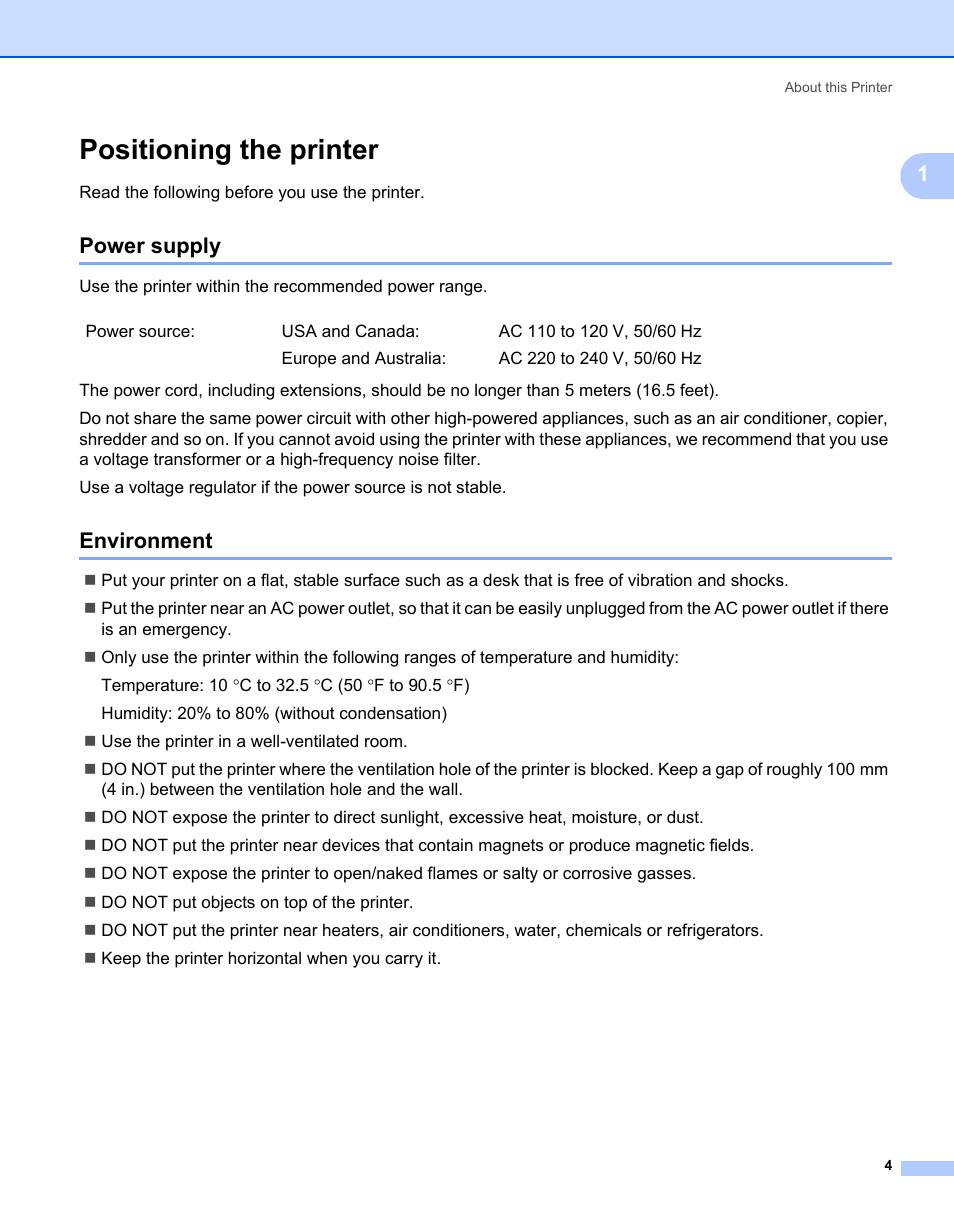Positioning the printer, Power supply, Environment | Power supply environment | Brother HL-2150N User Manual | Page 11 / 130