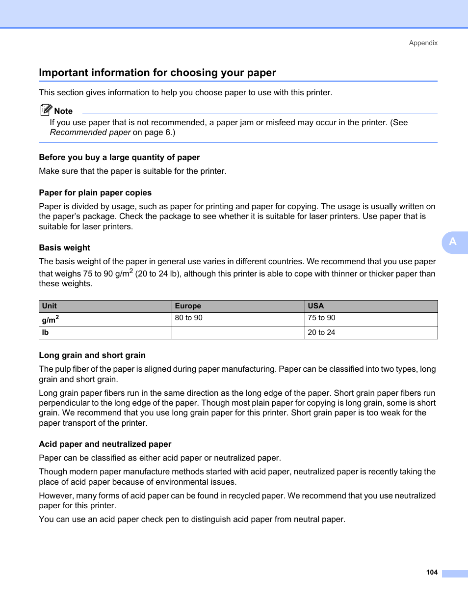 Important information for choosing your paper, Aimportant information for choosing your paper | Brother HL-2150N User Manual | Page 111 / 130