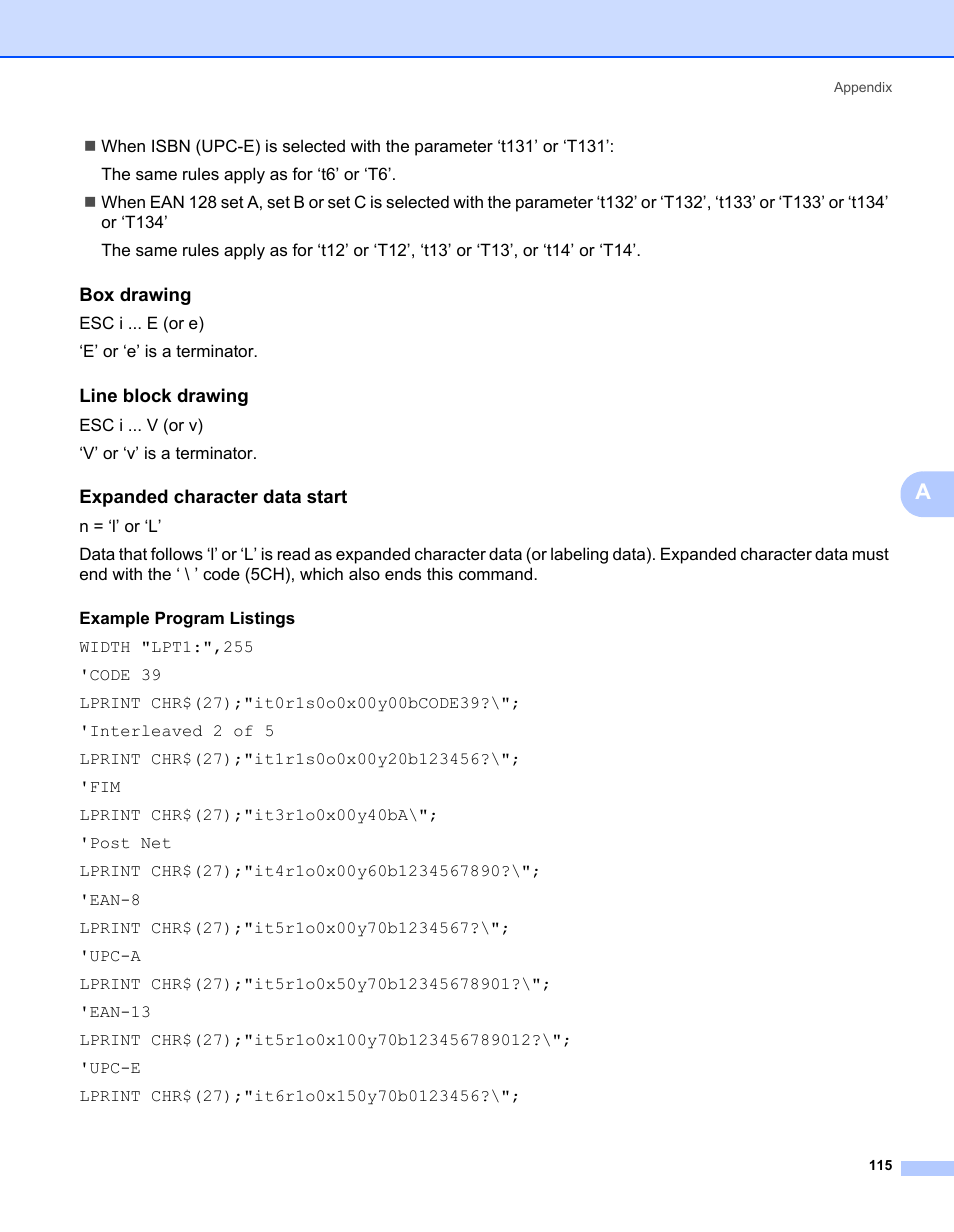 Box drawing, Line block drawing, Expanded character data start | Brother HL-2150N User Manual | Page 122 / 130