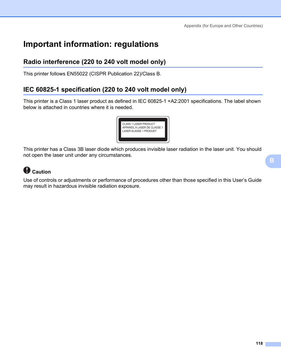 Important information: regulations, Radio interference (220 to 240 volt model only) | Brother HL-2150N User Manual | Page 125 / 130