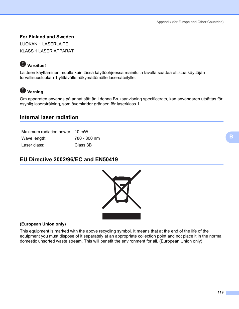 For finland and sweden, Internal laser radiation, Eu directive 2002/96/ec and en50419 | Luokan 1 laserlaite klass 1 laser apparat varoitus | Brother HL-2150N User Manual | Page 126 / 130
