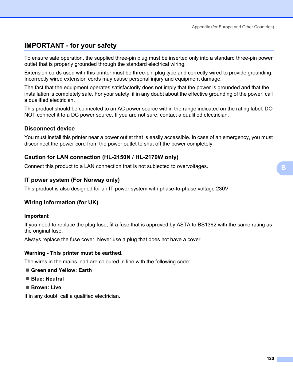 Important - for your safety, Disconnect device, It power system (for norway only) | Wiring information (for uk), Bimportant - for your safety | Brother HL-2150N User Manual | Page 127 / 130