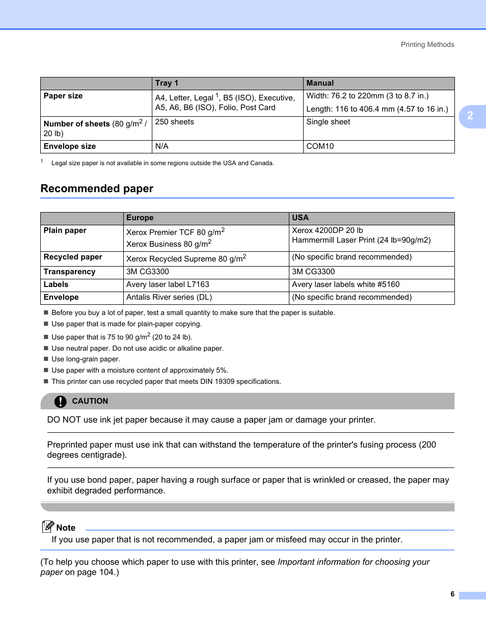 Recommended paper | Brother HL-2150N User Manual | Page 13 / 130