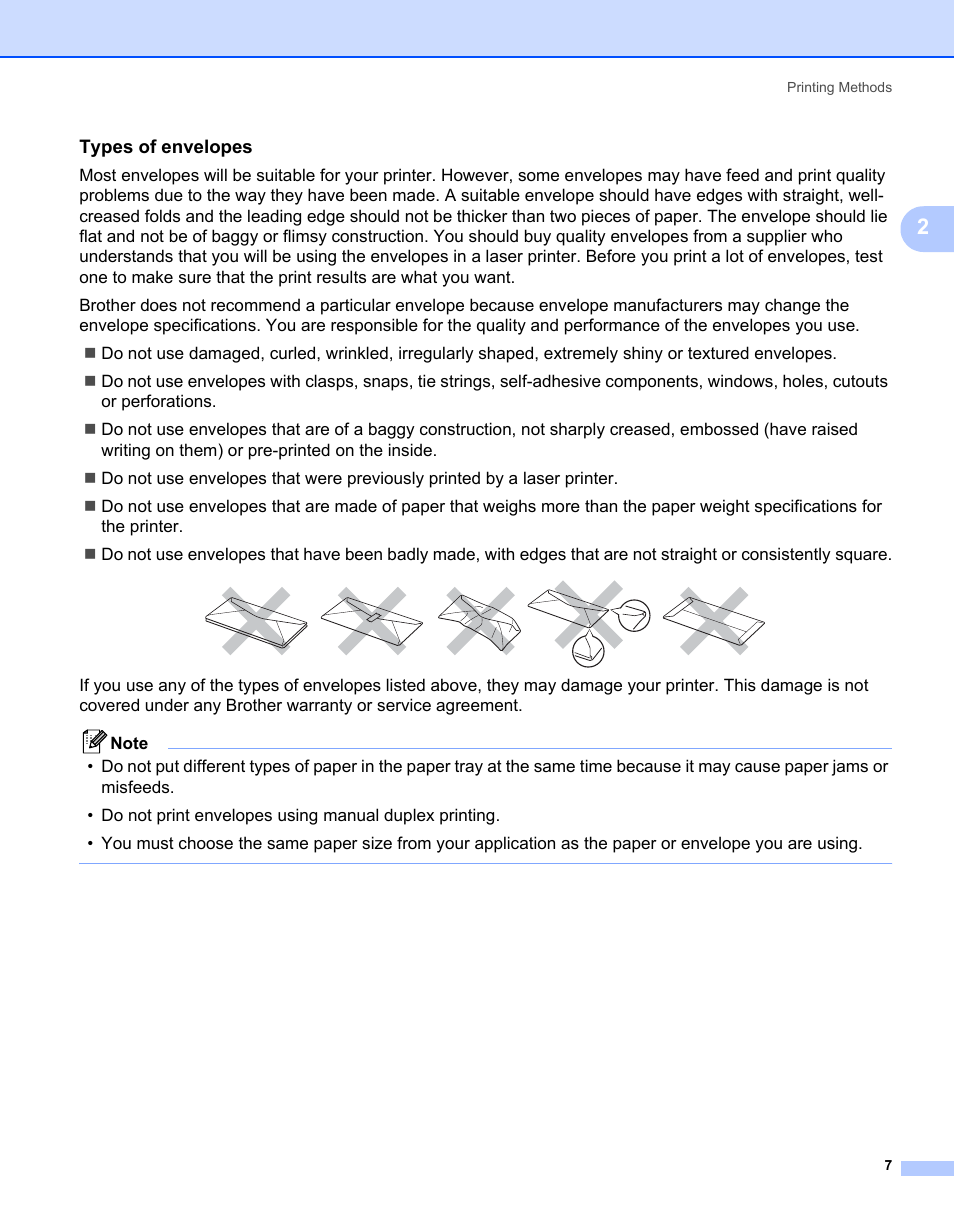 Types of envelopes | Brother HL-2150N User Manual | Page 14 / 130