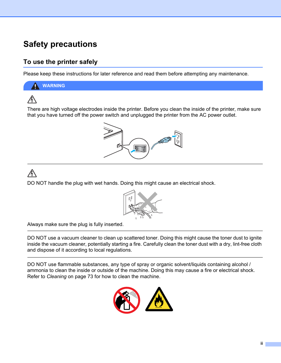 Safety precautions, To use the printer safely, Always make sure the plug is fully inserted | Warning | Brother HL-2150N User Manual | Page 3 / 130