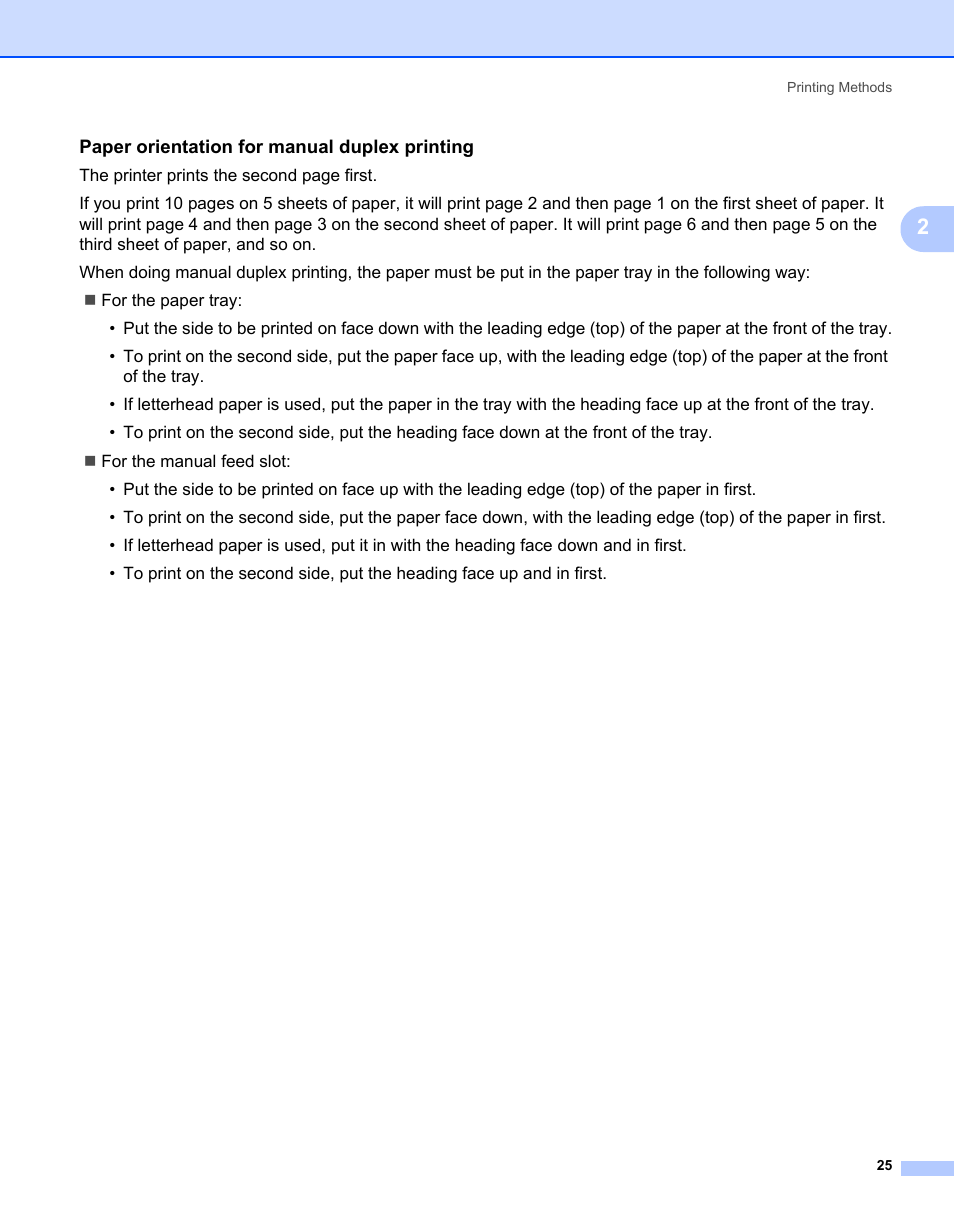 Paper orientation for manual duplex printing | Brother HL-2150N User Manual | Page 32 / 130