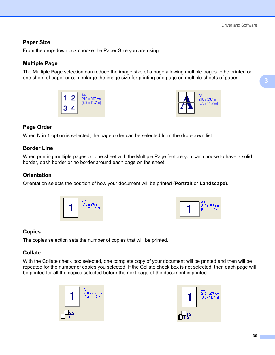 Paper size, Border line, Orientation | Copies, Collate, Multiple page, Page order | Brother HL-2150N User Manual | Page 37 / 130