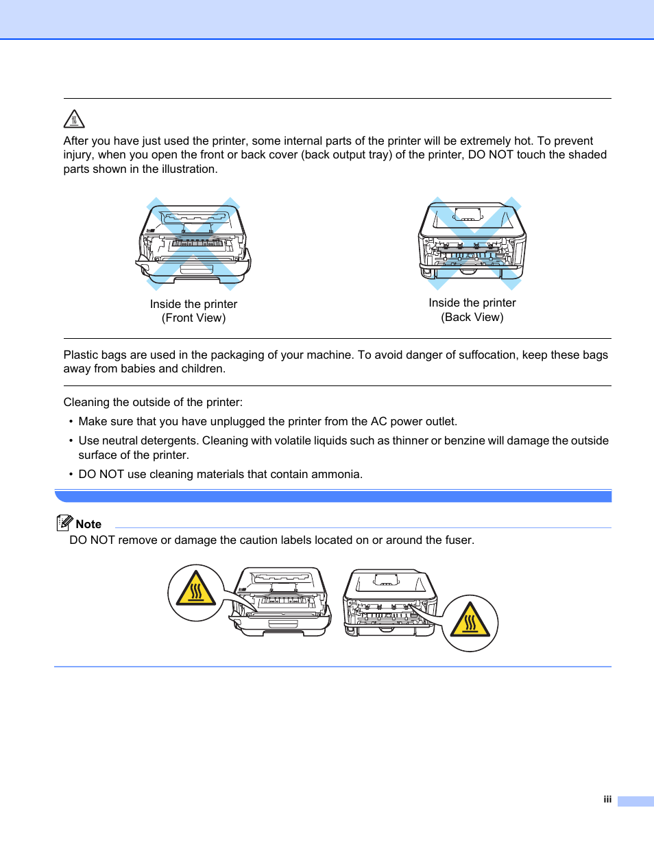Inside the printer (front view), Inside the printer (back view) | Brother HL-2150N User Manual | Page 4 / 130