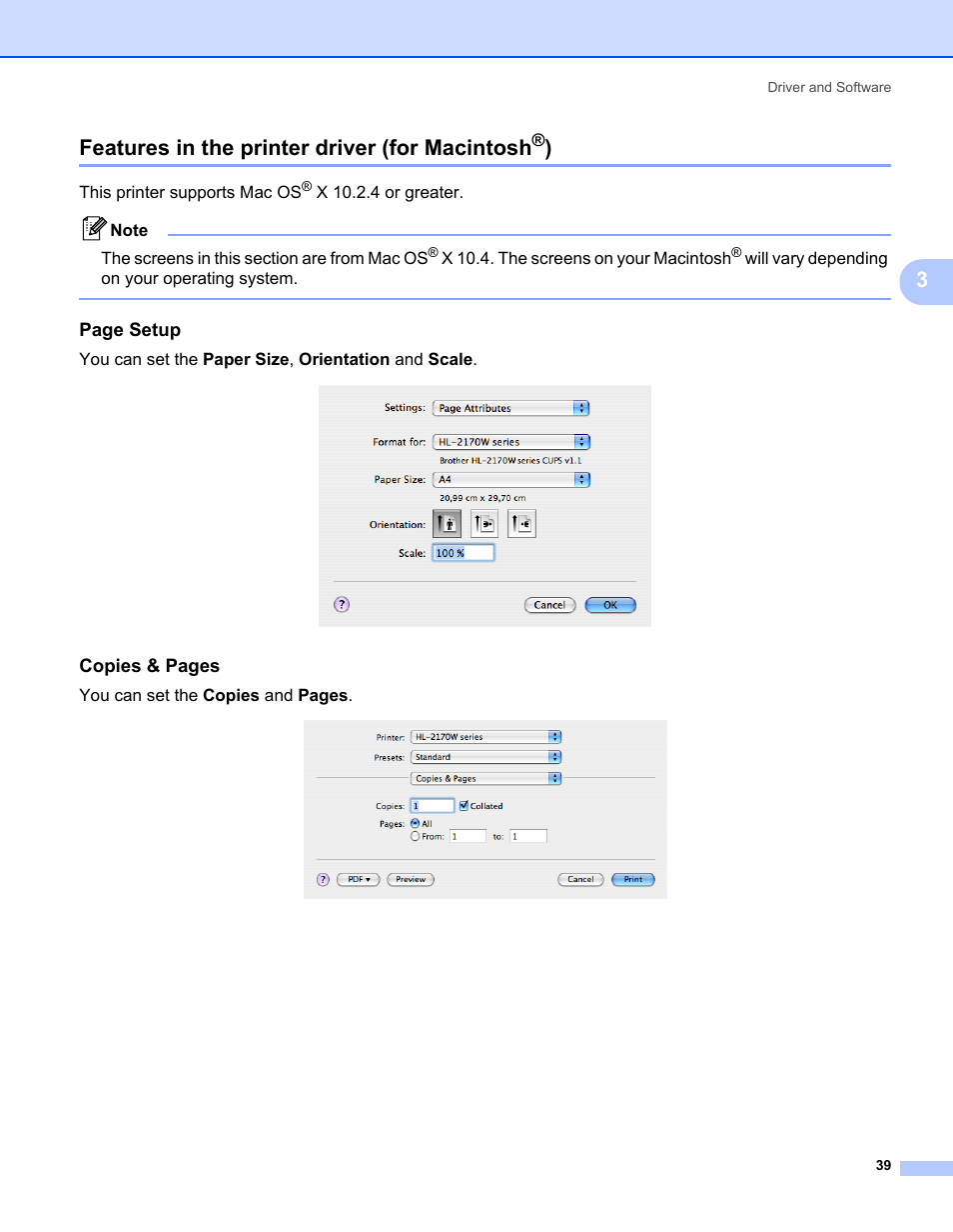 Features in the printer driver (for macintosh®), Features in the printer driver (for macintosh, 3features in the printer driver (for macintosh | Page setup, Copies & pages | Brother HL-2150N User Manual | Page 46 / 130