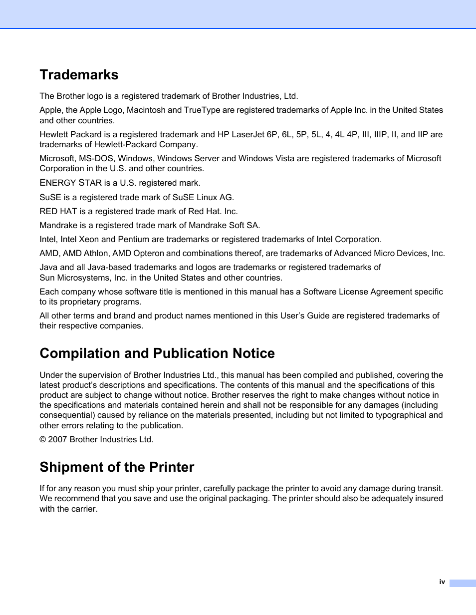 Trademarks, Compilation and publication notice, Shipment of the printer | Brother HL-2150N User Manual | Page 5 / 130