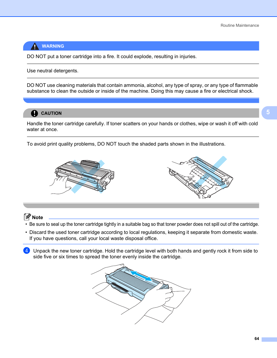 Use neutral detergents, Warning, Caution | Routine maintenance 64 | Brother HL-2150N User Manual | Page 71 / 130
