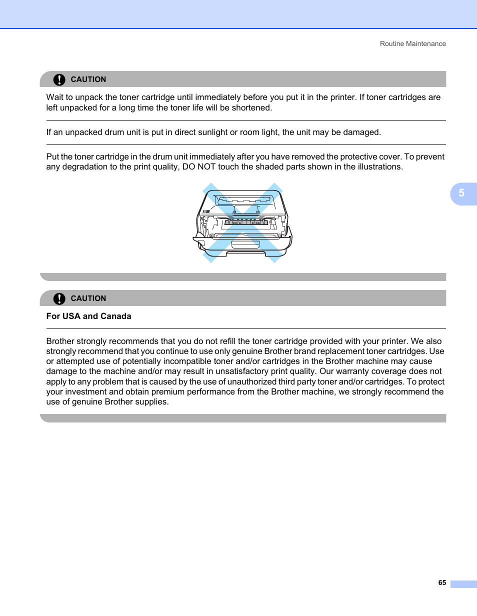 For usa and canada, Caution, Routine maintenance 65 | Brother HL-2150N User Manual | Page 72 / 130