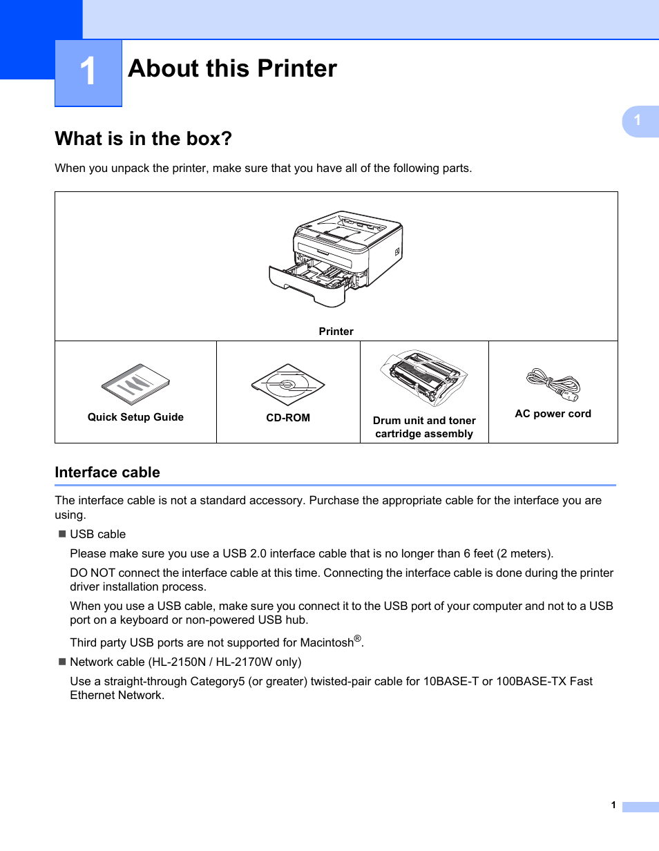 1 about this printer, What is in the box, Interface cable | About this printer | Brother HL-2150N User Manual | Page 8 / 130