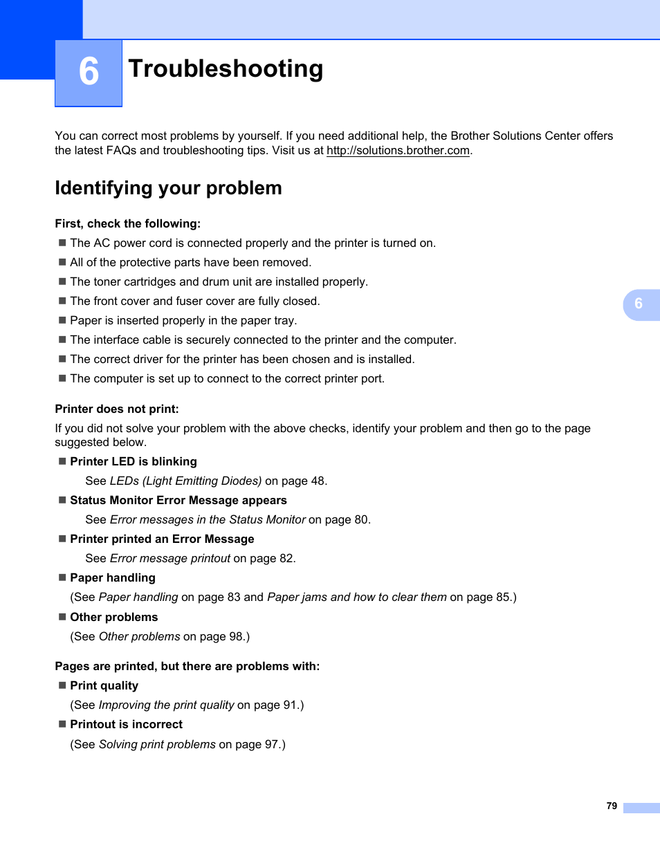 6 troubleshooting, Identifying your problem, Troubleshooting | Brother HL-2150N User Manual | Page 86 / 130