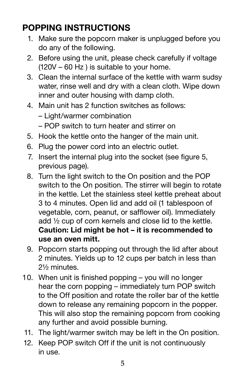 Popping instructions | Waring Pro WPM40 User Manual | Page 6 / 8