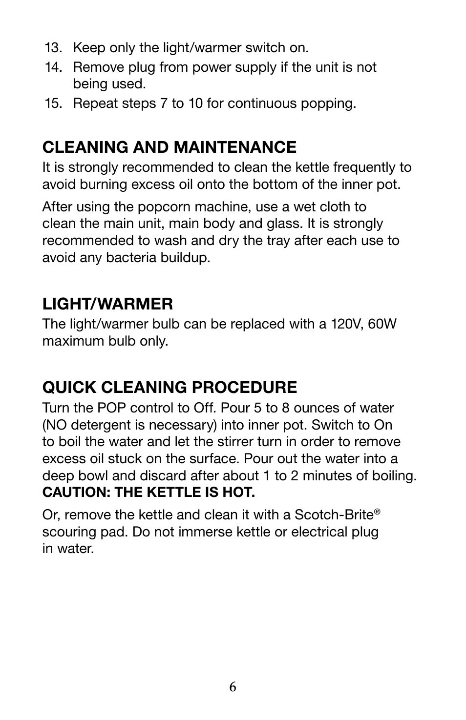 Cleaning and maintenance, Light/warmer, Quick cleaning procedure | Waring Pro WPM40 User Manual | Page 7 / 8