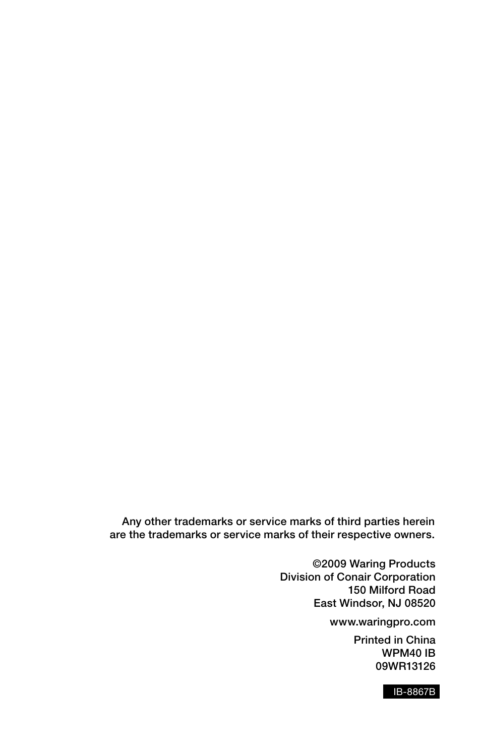 Waring Pro WPM40 User Manual | Page 8 / 8