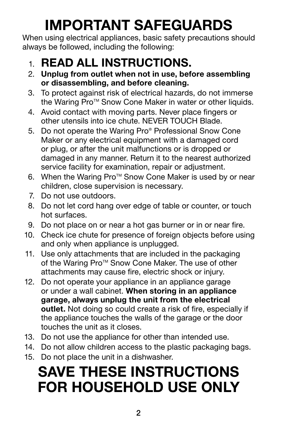 Important safeguards, Save these instructions for household use only, Read all instructions | Waring Pro SCM100 User Manual | Page 2 / 12