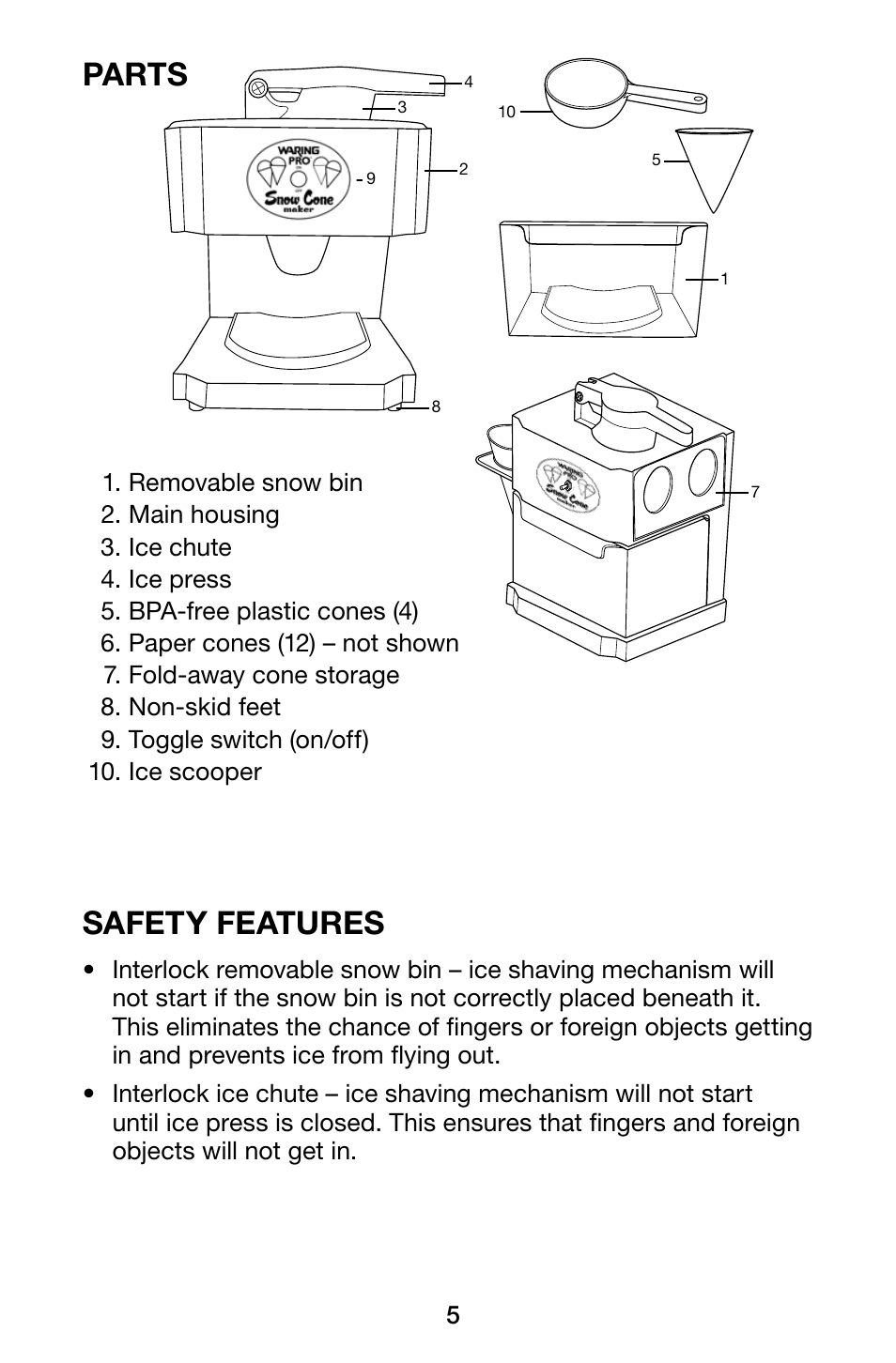 Parts, Safety features | Waring Pro SCM100 User Manual | Page 5 / 12