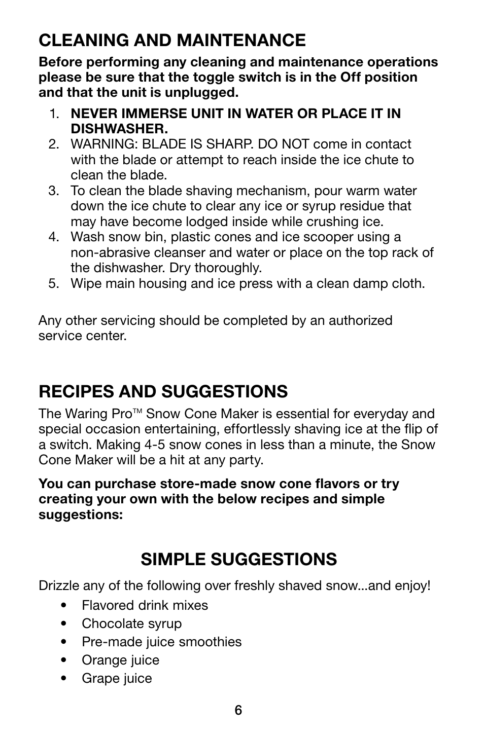 Cleaning and maintenance, Recipes and suggestions, Simple suggestions | Waring Pro SCM100 User Manual | Page 6 / 12