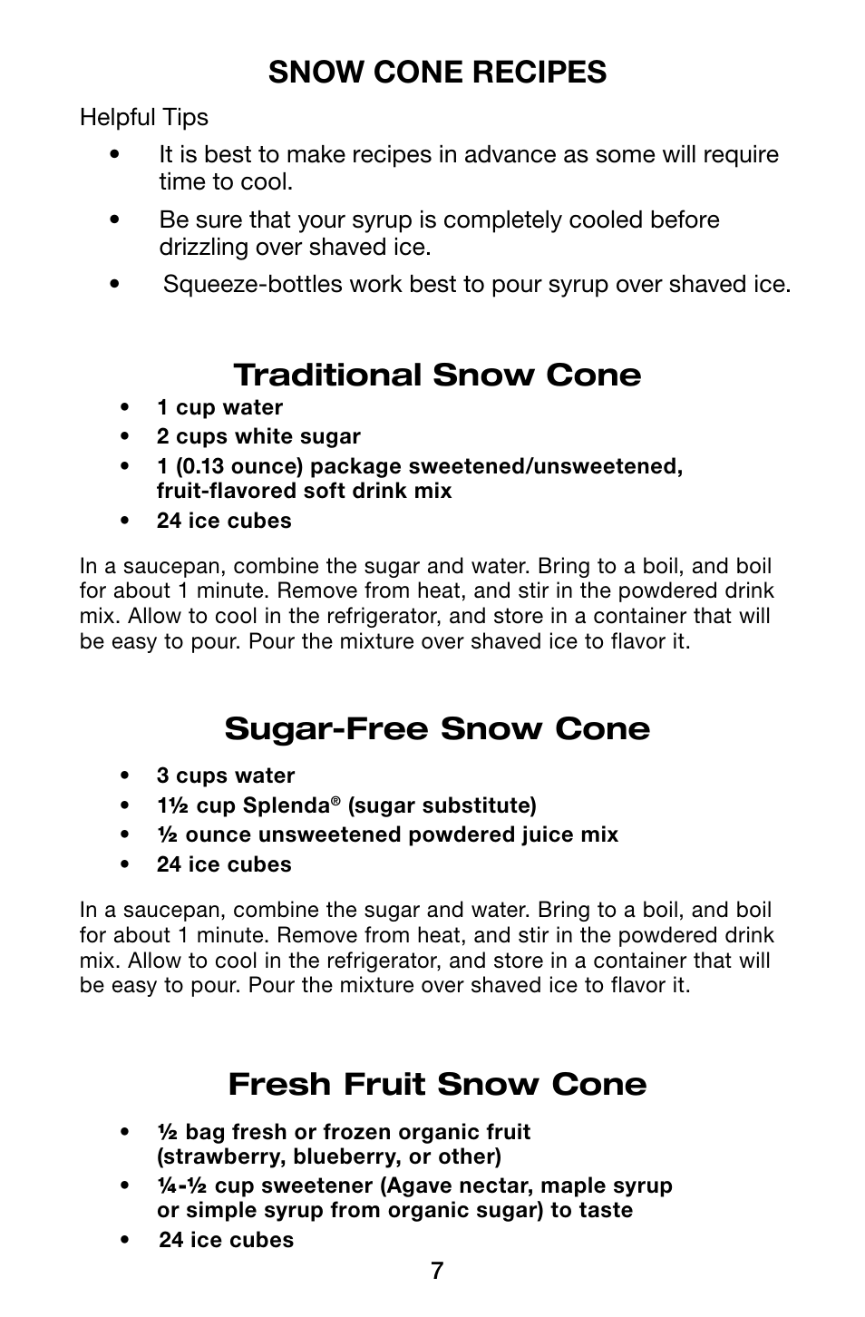 Snow cone recipes, Traditional snow cone, Sugar-free snow cone | Fresh fruit snow cone | Waring Pro SCM100 User Manual | Page 7 / 12