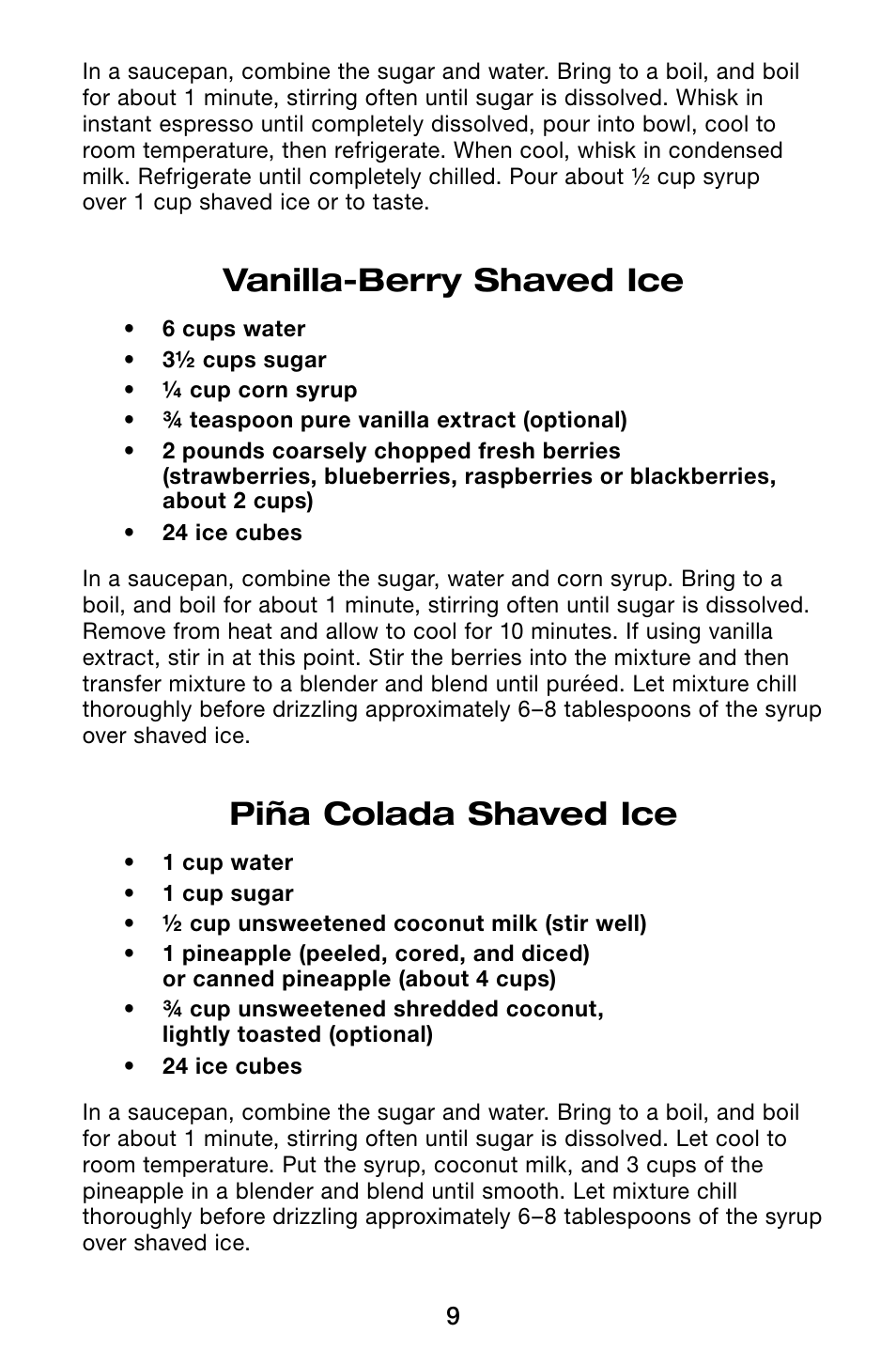 Vanilla-berry shaved ice, Piña colada shaved ice | Waring Pro SCM100 User Manual | Page 9 / 12