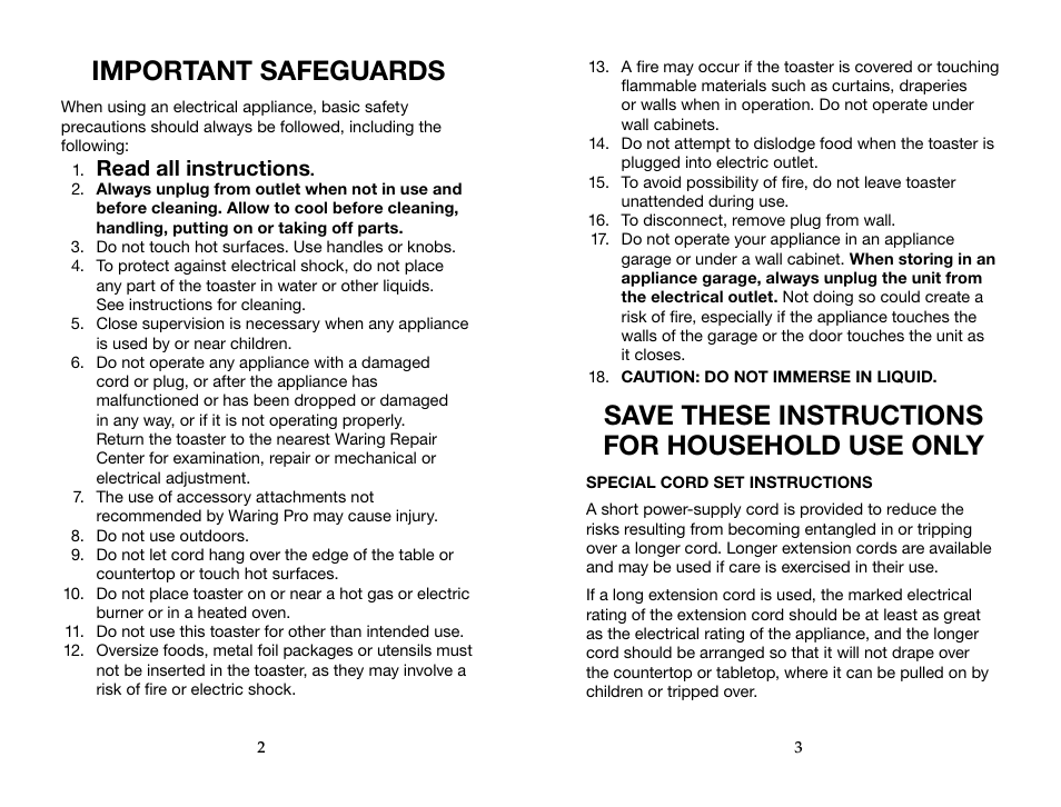 Important safeguards, Save these instructions for household use only | Waring Pro WT400 User Manual | Page 2 / 7