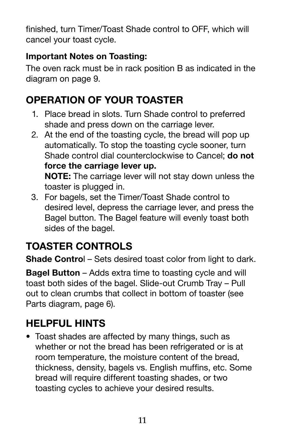 Operation of your toaster, Toaster controls, Helpful hints | Waring Pro WTO150 User Manual | Page 11 / 12
