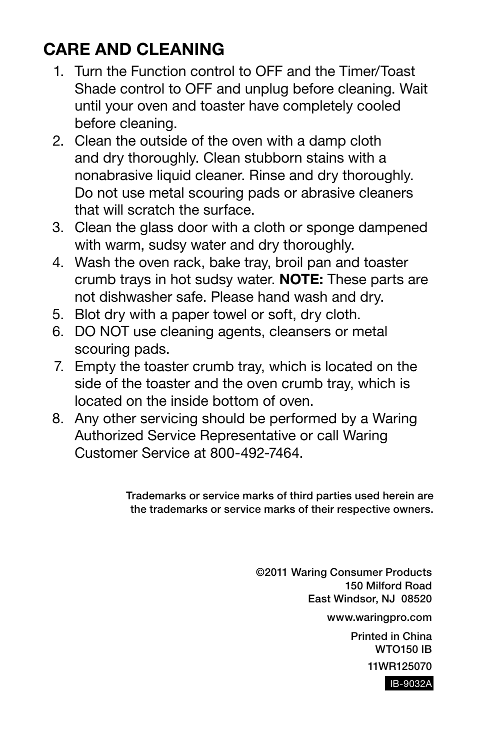 Care and cleaning | Waring Pro WTO150 User Manual | Page 12 / 12