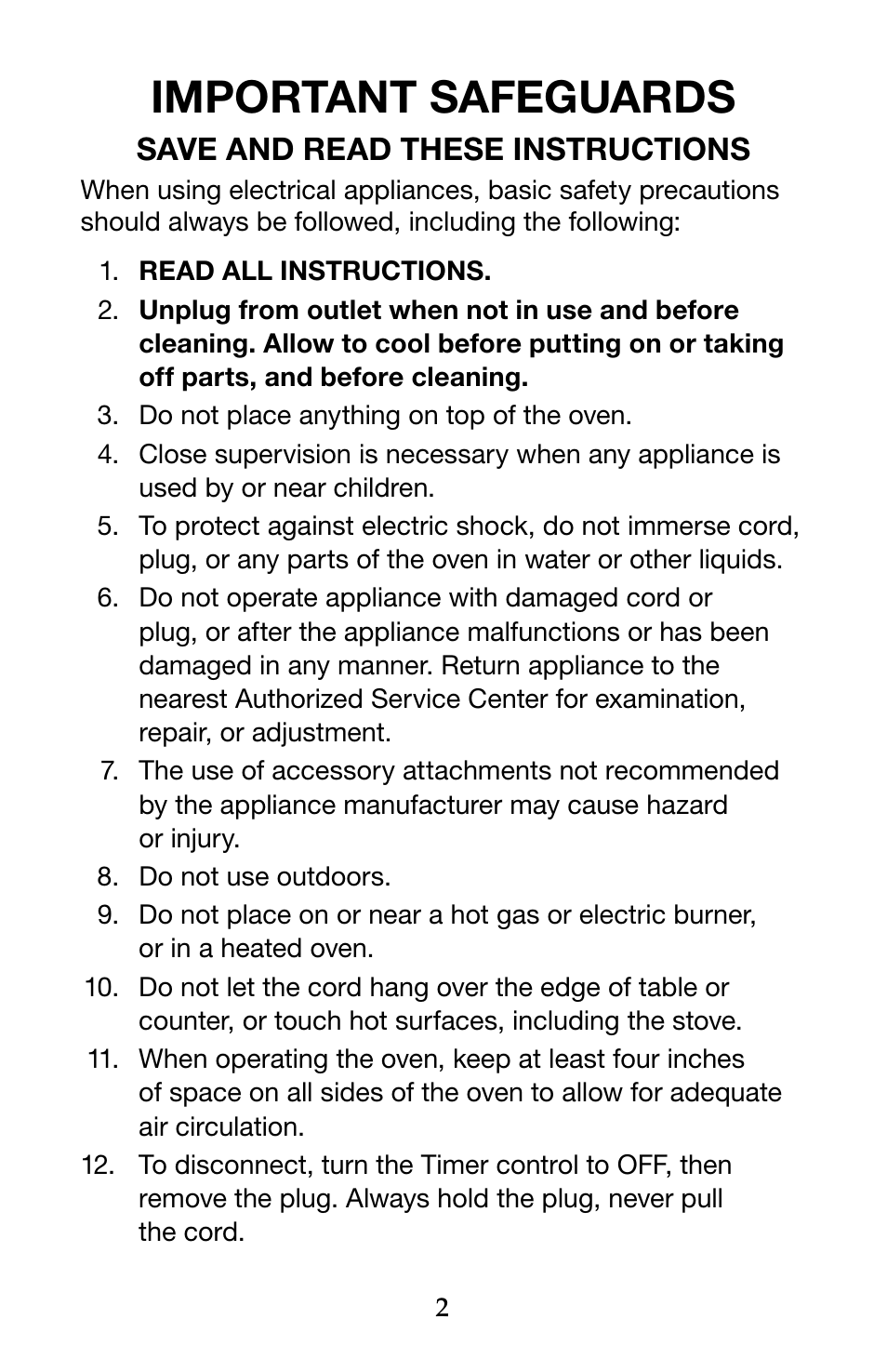 Important safeguards, Save and read these instructions | Waring Pro WTO150 User Manual | Page 2 / 12