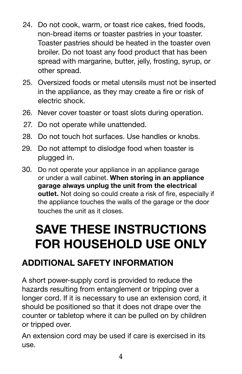 Save these instructions for household use only | Waring Pro WTO150 User Manual | Page 4 / 12