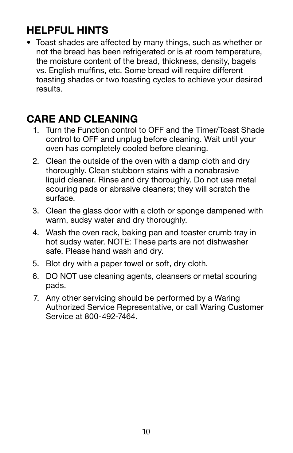 Helpful hints, Care and cleaning | Waring Pro WTO450 User Manual | Page 10 / 12