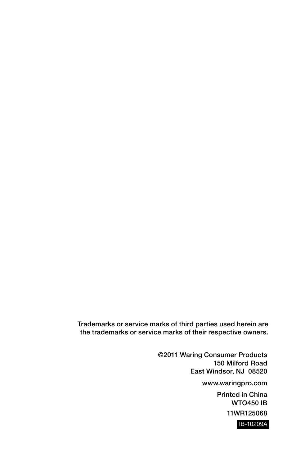 Waring Pro WTO450 User Manual | Page 12 / 12