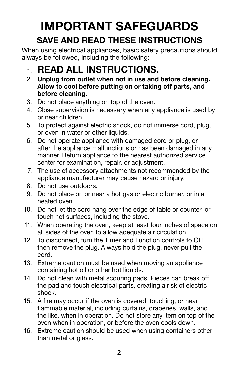 Important safeguards, Read all instructions, Save and read these instructions | Waring Pro WTO450 User Manual | Page 2 / 12